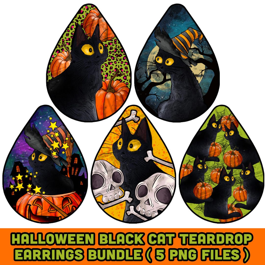 Halloween Black Cat Png Sublimation Design Bundle, Halloween Teardrop ...