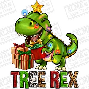 May include: A green dinosaur dressed as a Christmas tree with colorful lights and a star on top. The dinosaur is holding two wrapped presents. The text "TREE REX" is written below the dinosaur in glittery letters.