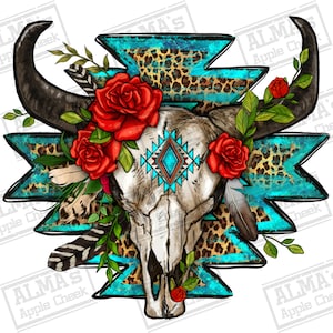 Roses with aztec bull skull png sublimation design download, bull skull png, western bull skull png, sublimate designs download