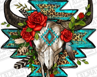 Roses with aztec bull skull png sublimation design download, bull skull png, western bull skull png, sublimate designs download