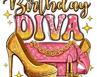 Birthday diva pink and gold glitter png sublimation design download, birthday party png, birthday queen png, birthday png,sublimate download