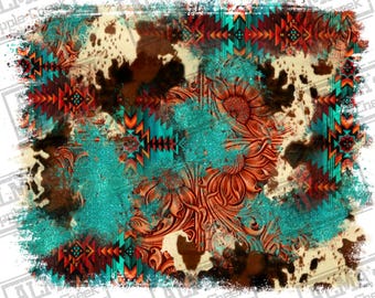 Serape turquoise glitter cowhide tooled leather background png sublimation design, western patterns png, background png, sublimate download