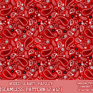 May include: A red bandana with a white paisley pattern. The bandana is a seamless pattern that repeats 12 times in both directions. The pattern is called "Rodeo Scarfs Paisley".