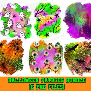 May include: A set of six digital Halloween themed patterns featuring various spooky designs. The patterns include ghosts, eyes, bats, spiderwebs, and stars. The patterns are in a watercolor style with a grunge effect. The patterns are perfect for creating Halloween crafts, decorations, and apparel.