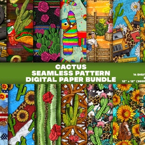 14 Digital Paper, Cactus Seamless Pattern Digital Paper Bundle Png, Printable Cactus Scrapbook Papers, Png Bundle, Digital Paper Png
