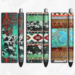 Western pen wrap png sublimation design download, turquoise png, leopard pen wrap png, cowhide png, aztec png, sublimate designs download