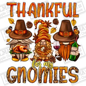 May include: Three gnomes dressed in fall colors with a Thanksgiving theme. The gnome on the left is holding a roasted turkey, the gnome in the middle is holding a pie, and the gnome on the right is holding a glass of wine and a bottle of wine. The text "Thankful for my Gnomes" is written below the gnomes.