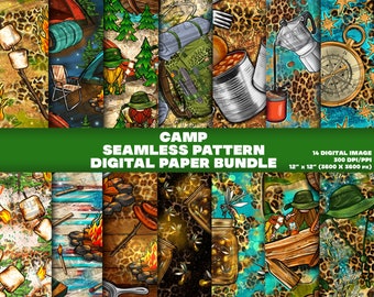 14 Digital Paper, Camp Seamless Pattern Digital Paper Bundle Png, Printable Camping Scrapbook Papers, Png Bundle, Digital Paper Png