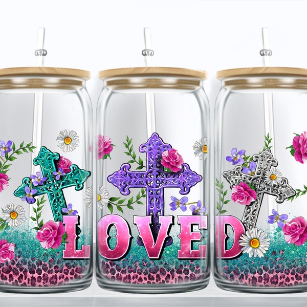 Loved romans 5:8 fancy Cross 16 oz libbey glass wrap png, libbey wrap png, libbey glass png, Christian libbey cup png design downloads