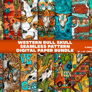 Western Bull Skull Seamless Pattern PNG Design Bundle, 14 Printable Seamless Design,Printable Scrapbook Papers, Png Bundle,Digital Paper Png