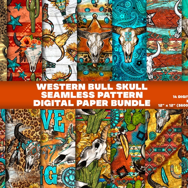 Western Bull Skull Seamless Pattern PNG Design Bundle, 14 Printable Seamless Design,Printable Scrapbook Papers, Png Bundle,Digital Paper Png