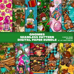 11 Digital Paper, Western Gnomes Seamless Pattern Digital Paper Bundle Png, Printable Gnomies Scrapbook Papers, Png Bundle,Digital Paper Png