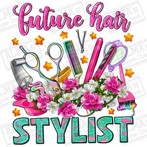 Puede incluir: Gráfico rosa y turquesa con el texto "future hair stylist" rodeado de herramientas de peluquería, incluyendo tijeras, peines, planchas de pelo y un secador de pelo. Las herramientas están rodeadas de rosas rosas y blancas.