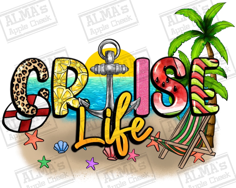Pu&ograve; includere: Un design grafico colorato con il testo "CRUISE LIFE" su un tema da spiaggia. Le lettere sono decorate con immagini di limoni, anguria, una stampa leopardata e un motivo a righe. Un'ancora e una sedia da spiaggia sono anche incluse nel design.