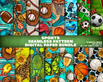 Puede incluir: Un paquete de papel digital con 15 patrones sin costuras con diseños de temática deportiva. Los patrones incluyen pelotas de béisbol, balones de baloncesto, balones de voleibol, raquetas de tenis, balones de fútbol, girasoles, mariposas y más. Los patrones son de colores brillantes y son perfectos para scrapbooking, creación de tarjetas y otros proyectos de manualidades.