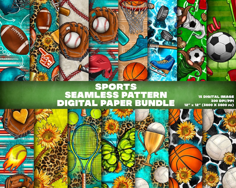 Scrapbook Design Racket 15 Digital Paper, Sports Seamless Pattern, Digital Paper Bundle Png ...