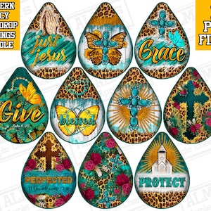 May include: Ten digital images of teardrop-shaped earrings with various religious and inspirational designs. The designs include a cross, a butterfly, a church, and the words "Just Jesus", "Grace", "Give", "Blessed", "Perfected", and "Protect".