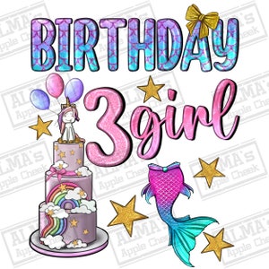 Birthday girl 3 png sublimation design download, 3rd birthday png, birthday party png, birthday girl png, sublimate designs download