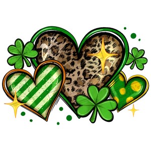 May include: Three green shamrock hearts with gold accents. One heart has a leopard print, one has green and white stripes, and one has green and yellow polka dots.