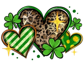 Descarga de diseño de sublimación PNG de corazones del Día de San Patricio, PNG del Día de San Patricio, PNG del Día de Irlanda, PNG de corazón de leopardo, descarga de diseño de sublimación