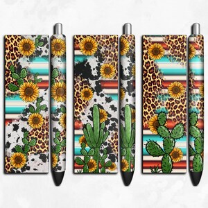 Western cactus and cowhide pen wrap png sublimation design download, western pen wrap png, sunflower leopard pen wrap png, designs download