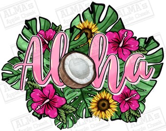 Download del design di sublimazione del png di cocco Aloha, ciao estate png, fiori tropicali png, vibrazioni estive png, download di disegni sublimati