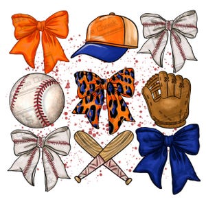 May include: A set of baseball-themed digital clipart featuring a baseball, a baseball glove, two crossed bats, a baseball cap with the text "Cheek" on it, and four different bows in orange, white, blue, and leopard print.