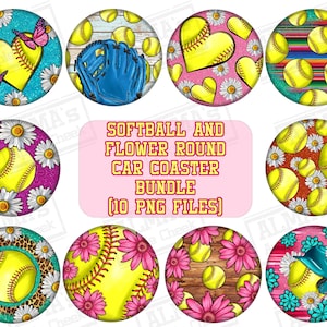 Softball and flower png sublimation design bundle, Softball car coaster png, Softball png, floral car coaster png, designs download