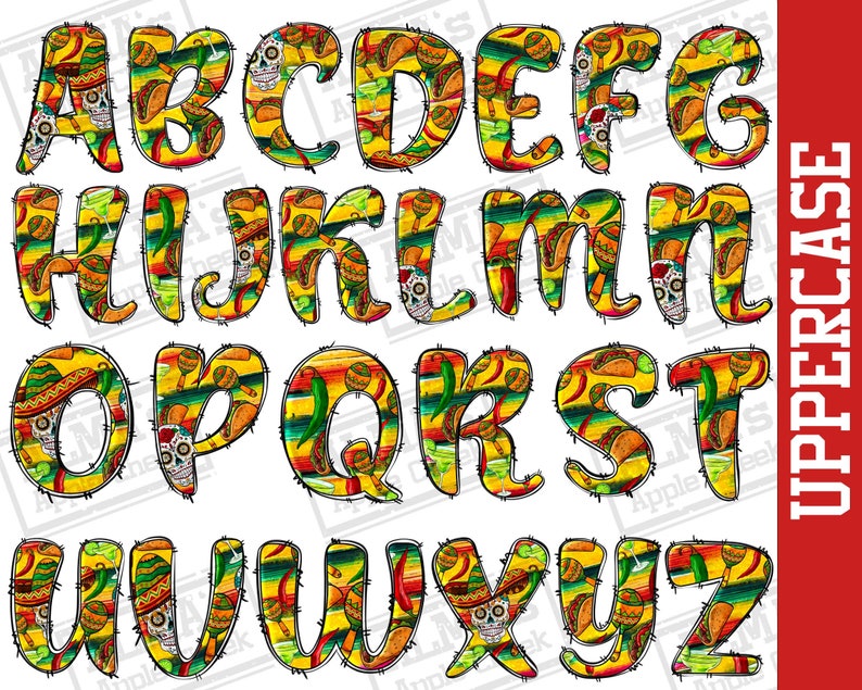 Fiesta Alphabet Bundle Png, Mexico Doodle Letters Png, Mexican Letters ...