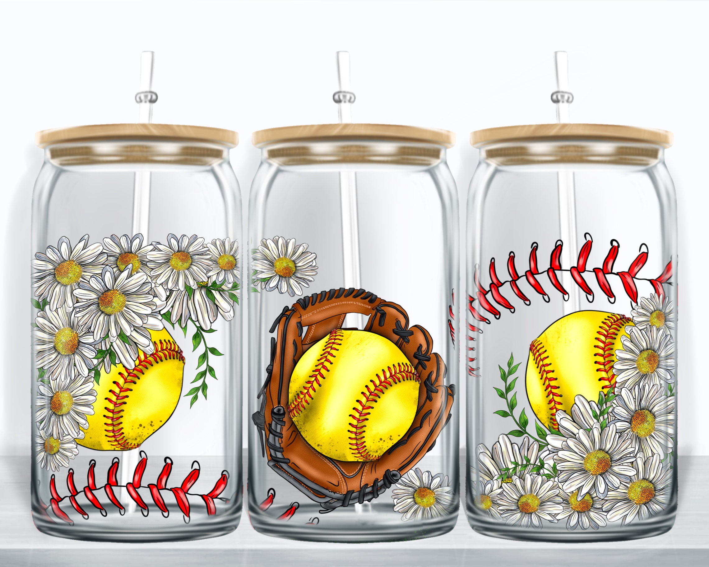 Floral Softball 16 Oz Libbey Glass Wrap Png, Libbey Wrap Png, Libbey ...