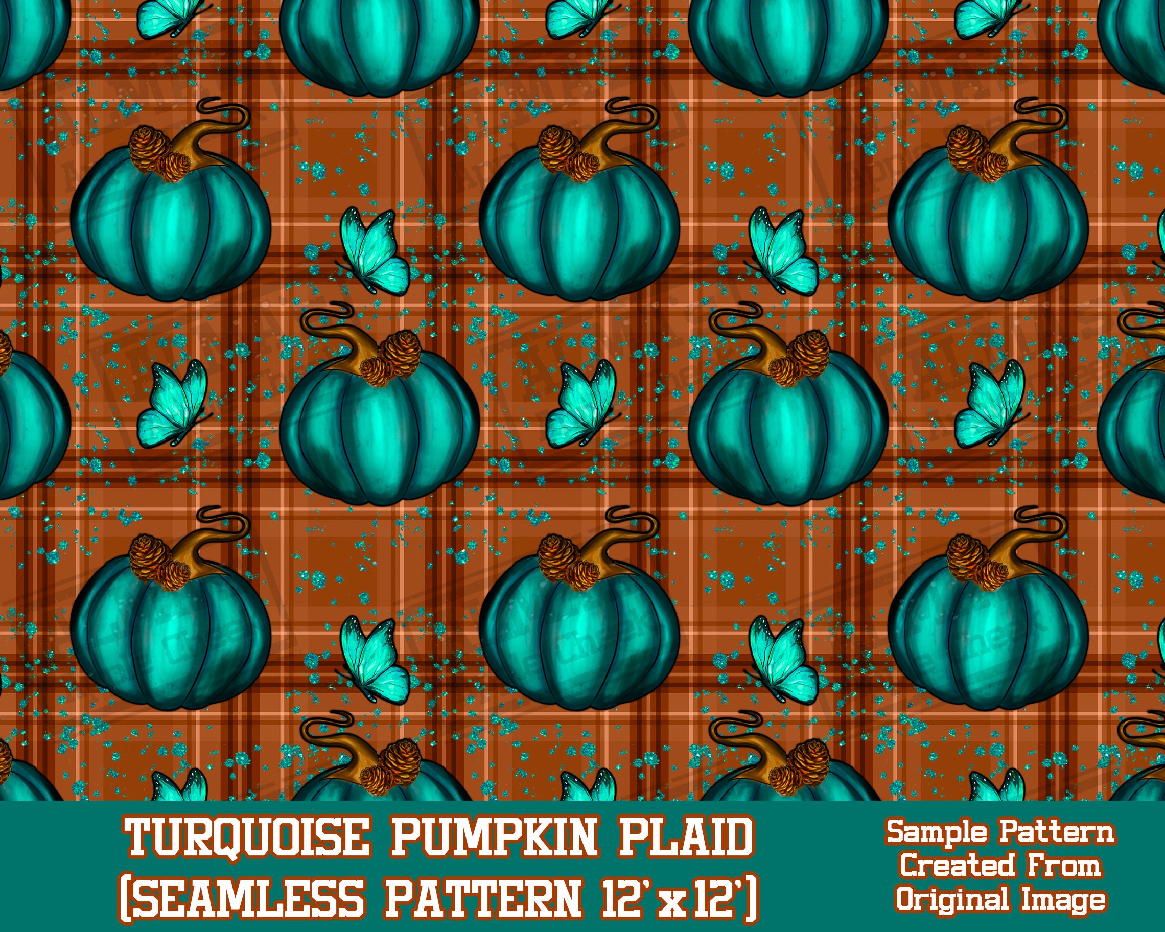 Turquoise Pumpkin Plaid Seamless Pattern Digital Paper, Fall Pumpkin ...