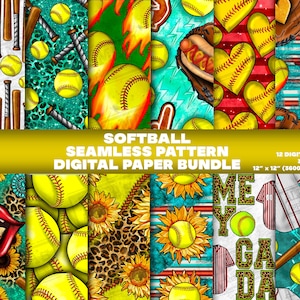 12 Digital Paper, Softball Seamless Pattern Digital Paper Bundle Png, Printable Sport Scrapbook Papers, Png Bundle, Digital Paper Png