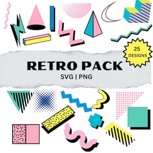 RETRO, SVG, PNG, confezione da 25, download digitale, vintage, collage, album, design, stile anni ’80, grafica vettoriale