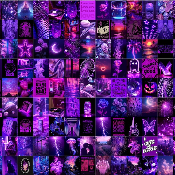 COLLAGE KIT | Purple Neon Poster | Digital Download 150+ Pictures and images | Purple Wall Collage Kit Aesthetic Room Decor Print