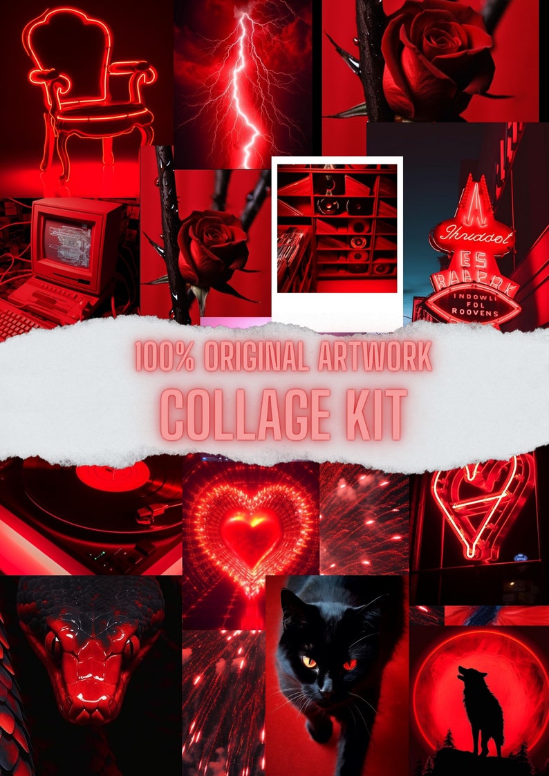 WALL COLLAGE KIT Red Neon Aesthetic 100 Piece Custom 100 Original