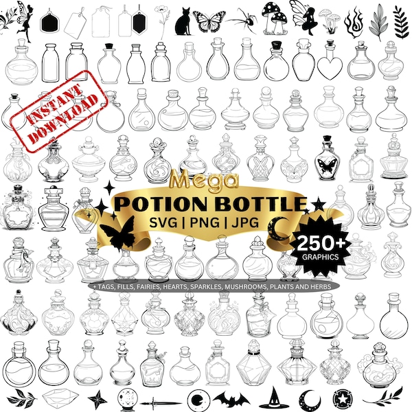 Potion Bottles SVG, Witchcraft Svg, Mystical Svg, Magic Svg, Halloween Svg, Magic Potion Bottle SVG, Commercial Use Included, Png, Jpg