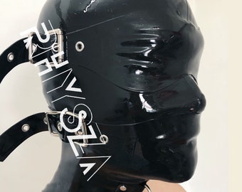 Latex Haube Mit Gummi Abnehmbare Augenbinde Mundabdeckung 4 Schnallen Zurück Reißverschluss Nach Maß 0,4mm