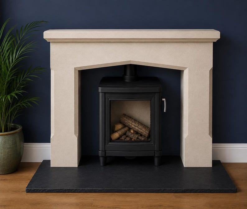Bath stone fireplace surround and black slate hearths