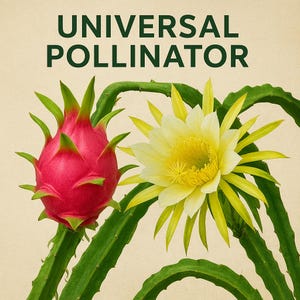 May include: A vibrant image featuring a dragon fruit and a large, open flower with yellow petals. The dragon fruit is a bright pink with green accents, and the flower is a creamy yellow. The text "UNIVERSAL POLLINATOR" is displayed in green at the top.