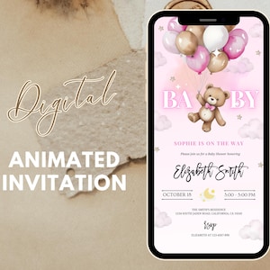 Digital Baby Girl Shower Invitation Template, Electronic Bear Baby Shower Evite, Pink Balloon Baby Shower Party Invitation, Instant Download