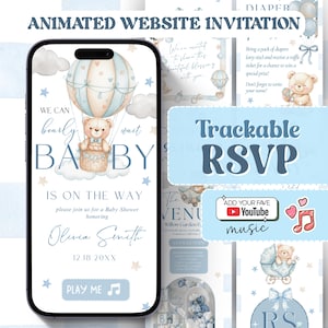 May include: Animated baby shower website invitation on a smartphone. The design features a teddy bear in a hot air balloon, clouds, and stars. Text includes "We can bearly wait BABY" and "RSVP".