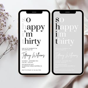May include: Two black and white phone screen mockups with a birthday invitation. The text reads "So happy I'm thirty." The invitation includes the date, time, location, and RSVP information.