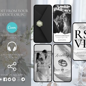 May include: A digital wedding invitation template displayed on smartphones. The design features black and white photos of a couple, RSVP details, and the text "Olivia & Brandon" and "You're Cordially Invited". The template is editable on Canva.