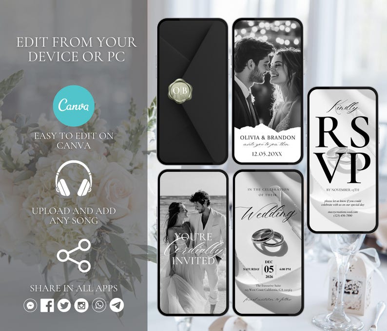 May include: A digital wedding invitation template displayed on smartphones. The design features black and white photos of a couple, RSVP details, and the text "Olivia & Brandon" and "You're Cordially Invited". The template is editable on Canva.