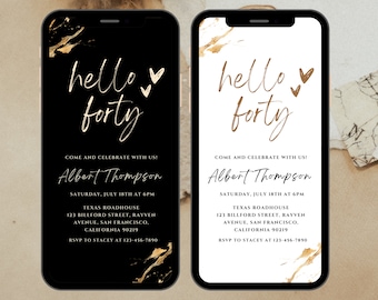 Hello Forty Minimalist 40th Birthday Party Digital e-Invite, Adult Birthday, Women&#39;s, Modern Birthday, 30th, 50th, 60th, Template