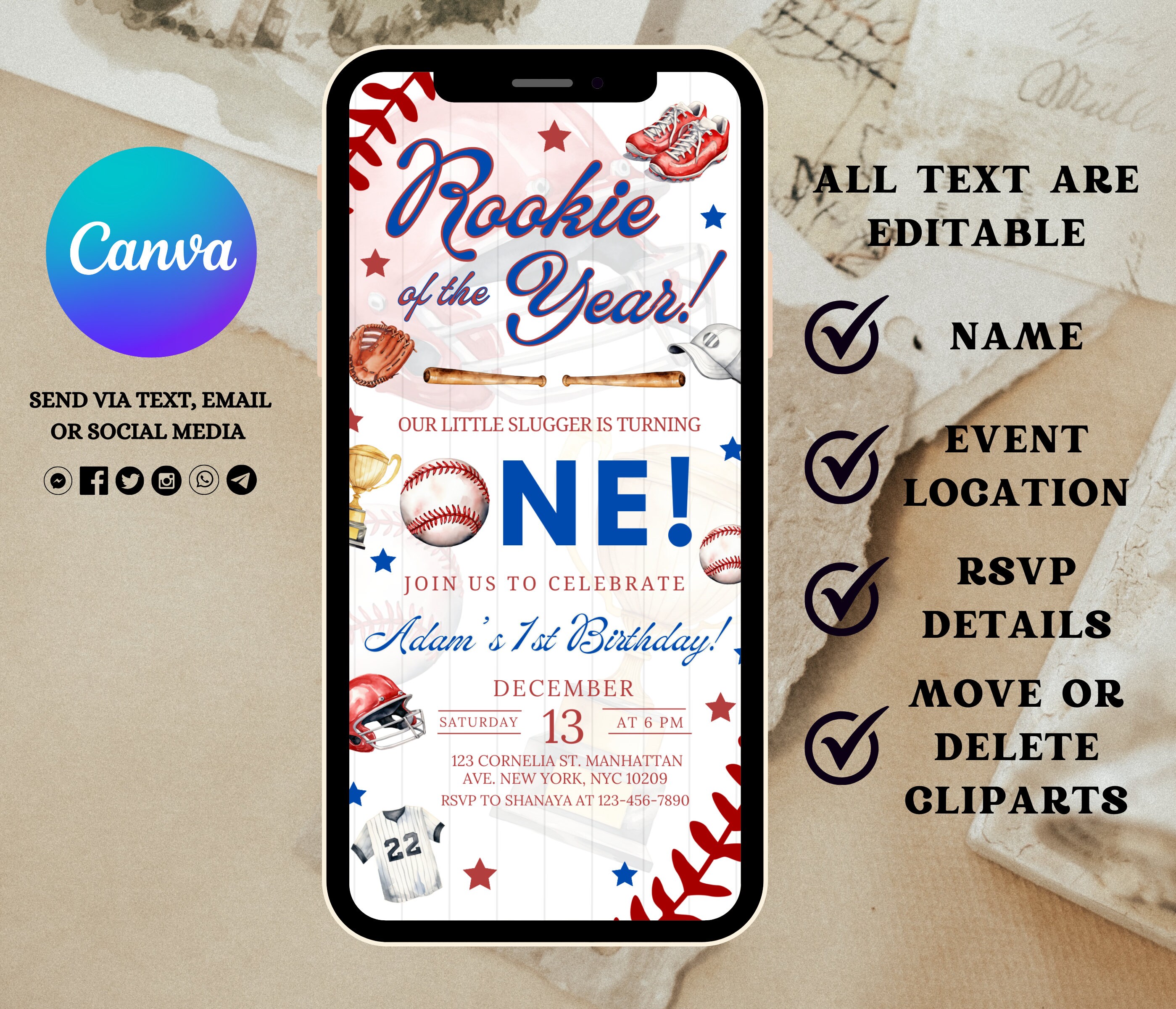 Editable Baseball Invitation First Birthday Party Rookie of the Year ...