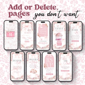 Puede incluir: Diez pantallas de tel&eacute;fonos inteligentes que muestran plantillas de invitaciones para baby shower. Cada pantalla presenta un dise&ntilde;o floral rosa con texto como "Hello Baby", "RSVP" y "Save the Date". La parte superior de la imagen dice "Add or Delete pages you don't want".
