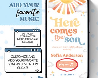 Here Comes The Son Baby Shower Website Invitation, Retro Sunshine Baby Boy Digital Invite with RSVP, Editable Canva Template