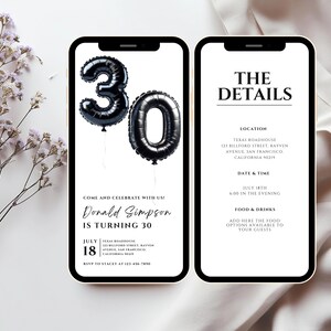 Op de afbeelding: Een digitale uitnodiging in zwart en wit voor een 30e verjaardagsfeest. De uitnodiging bevat een zwart nummer 30 gemaakt van ballonnen en de tekst "Kom en vier met ons mee! Donald Simpson wordt 30." De uitnodiging bevat ook de datum, tijd en locatie van het feest.