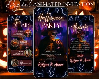 May include: Digital animated Halloween party invitation on a smartphone screen. The invitation features a skeleton with a cocktail, lightning bolts, and text that reads "Halloween Party". Other screens show details and a thank you message.